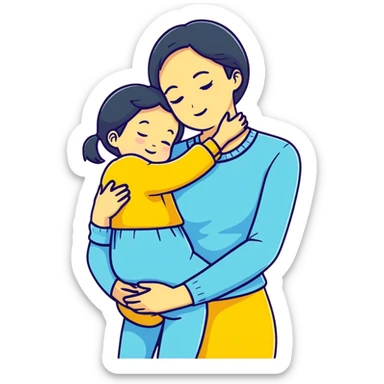 mother hugging daughter with pastel blue background and clothing sticker