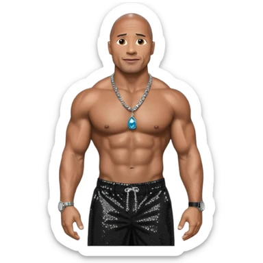Dwayne Johnson with black sequin baggy pants, shirtless with necklace, dark brown hair sticker