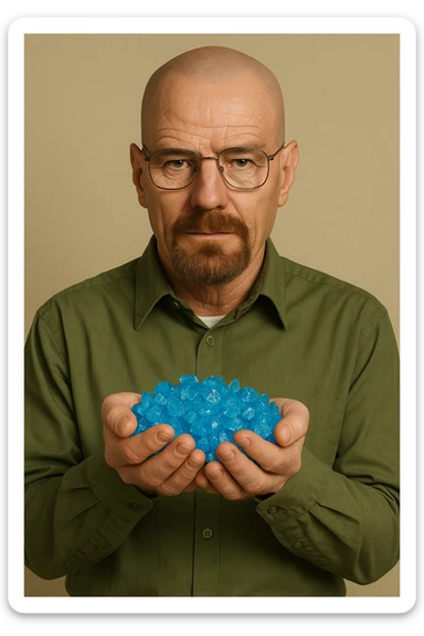Walter White, chemistry teacher with glasses and goatee, holding blue crystals, wearing a green shirt, simple background sticker