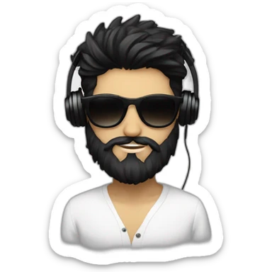 A stylish boy wearing headphones and sun glasses and in background music waves black hair black beard new trending look white skin colour like a hero sticker