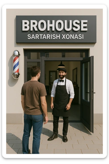 eni shu rasimga boyagi sartaosh oka eshik oldida tursin va tashqarida esa mijoz sticker