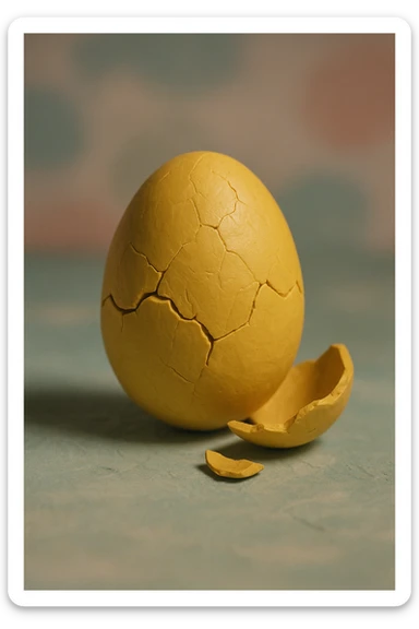 A golden broken egg in claymation style with a cracked shell, matte texture with visible fingerprints, pastel colors. sticker