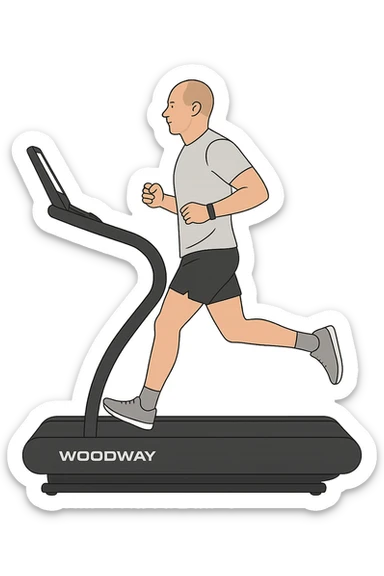 uomo che corre sul tapis roulant ma è secco e senza muscoli. sticker