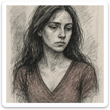a woman with long chocolate brown hair wearing a red v-neck top, hand-drawn sketch style sticker