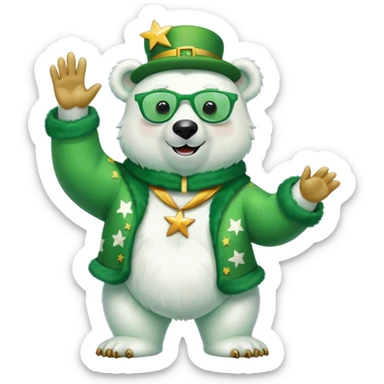 full body friendly anthropomorphised polar bear wearing large multicolored star-shaped glasses and festive St. Patrick's Day outfit, waving and smiling sticker