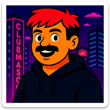 Change any visible text from 'Hotel' to 'Club Mascot', keep the vibrant toon style, neon city background, and all other details the same sticker