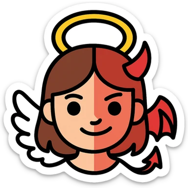 Edit this image to depict a brown-haired girl with one angelic side (halo, serene expression) and one devilish side (horn, mischievous grin). Remove the background. sticker