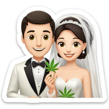 Bride in white dress and groom in tuxedo sharing a cannabis joint, cheerful cartoon wedding couple sticker