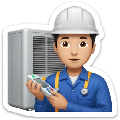 asian man fixing AC sticker