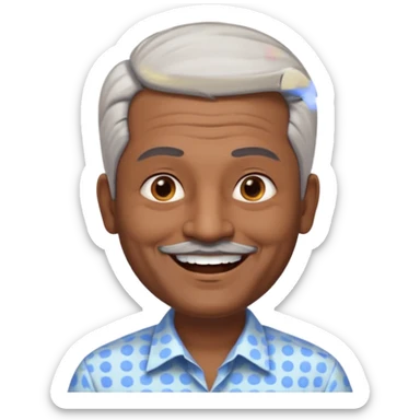 50 yr old indian man, dark skin, grey hair, big smile, white teeth, chubby, no moustache, clean shaven, young style hair, hair brushed back, 5 oclock shadow, dot on forehead, dress shirt sticker