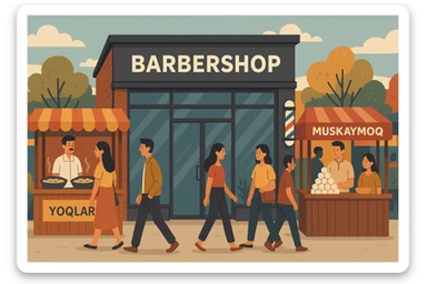 brohouse sartarosh xonasini chizib ber tashqaridan va uning yonida yupi va musqaymoq sotadigan lavkalar bulsin va sartarosh xona sal zamonaviyroq bulsin sticker