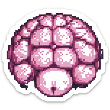 16-bit pixel art of a pink brain-shaped blob, smooth rounded brain texture, simple retro gaming style sticker