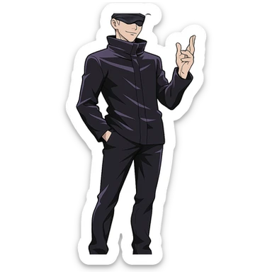 Gojo Satoru, white hair, blindfold, confident pose, full body, inspired by Jujutsu Kaisen, anime style, no background sticker