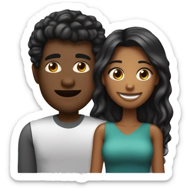 Pareja de un chico de pelo negro liso y corto y de piel moreno, y una chica blanca con el pelo negro largo y ondulado haciéndose un selfie sticker