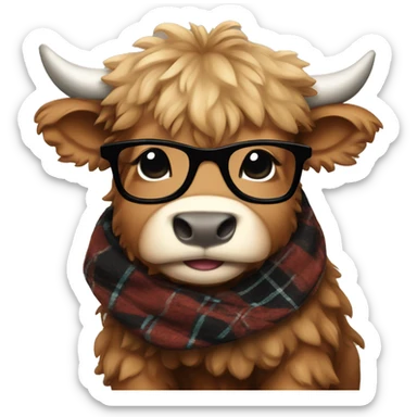brown fluffy baby scottish cow with scarf and black glasses sticker