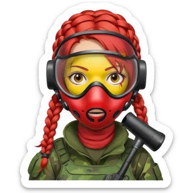 paintball player face girl braided red hair sticker