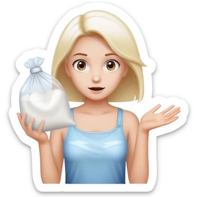 Girl shrugging holding a clear plastic bag with white powder sticker