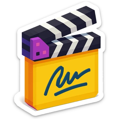 voxel style movie clapperboard with a director's signature, isometric view sticker