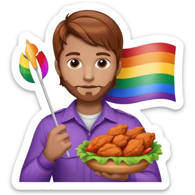 Guy with brown hair holding buffalo chicken and a gay pride flag sticker