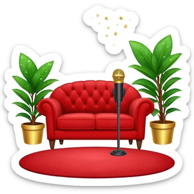 red velvet loveseat with a mic in front, houseplant in back, and sparkles sticker
