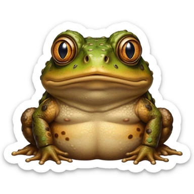 Cinematic Noble Toad Portrait Emoji, Poised and earthy, with a stout, robust build covered in textured, warty skin in warm, natural tones and deep, observant eyes, Simplified yet sharp and sophisticated features, highly detailed, glowing with a soft, natural mossy glow, high shine, intelligent and grounded, stylized with an air of rustic authority, focused and steady, soft glowing outline, capturing the essence of a watchful amphibian guardian that appears ready to leap out of the screen with effortless command! sticker