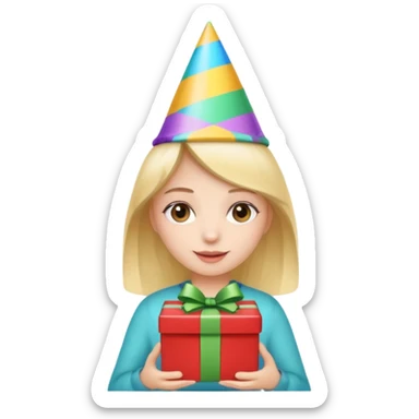 🥳🎀 kafasında tok olan elinde hediye olan bir kız sticker