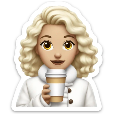 blonde girl wearing white fluffy jacket and a coffee to go in hand all dress white and a white bow on hair sticker