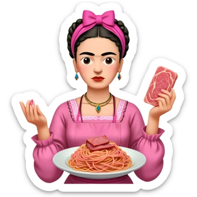 frida khalo holding pink spam meat spaghetti portrait  sticker