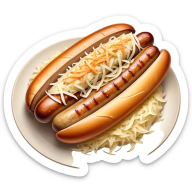 Bratwurst Cinematic Realistic Bratwurst Dish Emoji, depicted as a grilled bratwurst topped with a generous serving of shredded sauerkraut, rendered with rich textures and dynamic, appetizing lighting. sticker