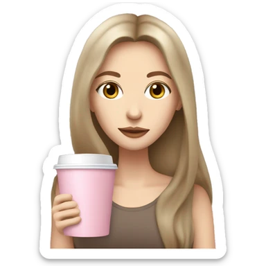 woman with pale skin and middle brown long thin hair sipping cofee from a light pink takeaway cup eyes closedf sticker