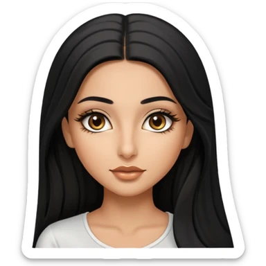 A arabic girl, who has long black styled silk hair, a bit of tan skin but not too tan. almond brown eyes that has black long lashes, small nose and full lips. and a bit of makeup like bronzer. and wearing a white tight top sticker