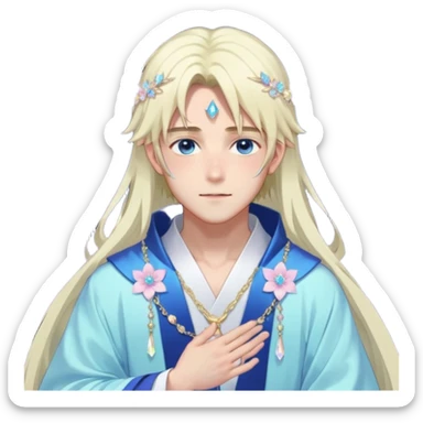 Beautiful gorgeous blushing blue-eyed youthful handsome anime guy with beautiful iridescent-pastel-whitish-special-medium-long-hair, fashion aesthetic, ethereal, fairycore, pastelcore, flower petals, crystals, layered robes, accessories, jewelries, gold, colorful, shiny, trending style, outside sticker