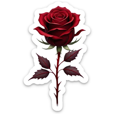 A single Gothic rose, its deep red petals unfolding in shades of scarlet and burgundy, stands alone against a dark, misty backdrop. A flowing black silk ribbon wraps around its thorny stem, adding an air of mystery and elegance. sticker