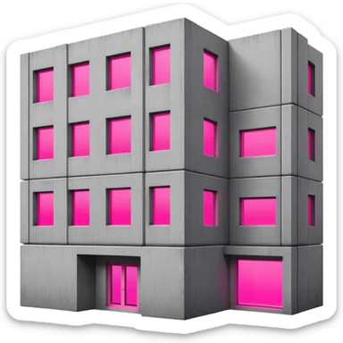Brutalist gray concrete block building with one neon pink window and several regular windows sticker
