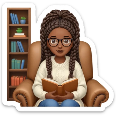  A dark-skinned Black woman with long box braids, wearing glasses, holding an open book, sitting in a cozy chair, wearing a sweater. A dark-skinned Black woman with long box braids, wearing glasses, holding an open book, sitting in a cozy chair, wearing a sweater. sticker