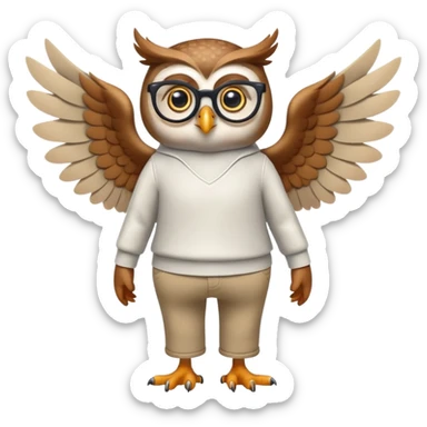 friendly anthropomorphised owl with wings instead of arms, in pants and a shirt, wearing glasses, walking upright, standard pose sticker