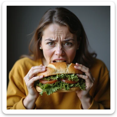 hyperrealistic image of a woman with a nervous and impatient expression trying to eat a huge sandwich, concept of uncontrollable and nervous hunger, white background, variation 2 sticker