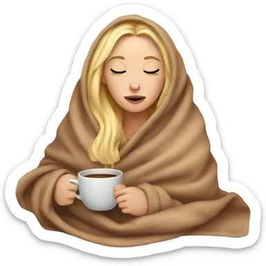 Blonde girl inside a blanket sipping coffee eyes closed sticker
