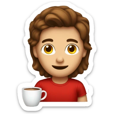 barista boy in a red t-shirt with long brown hair, with a cup of coffee in a hand sticker