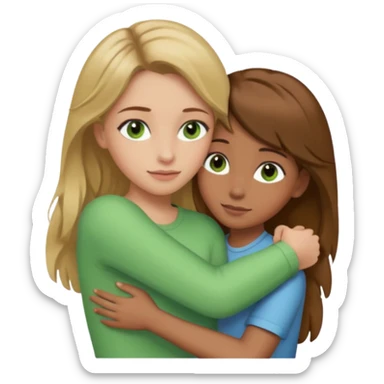 Maman cheveux marrons yeux marrons et fille cheveux blond yeux verts qui se font un câlin  sticker