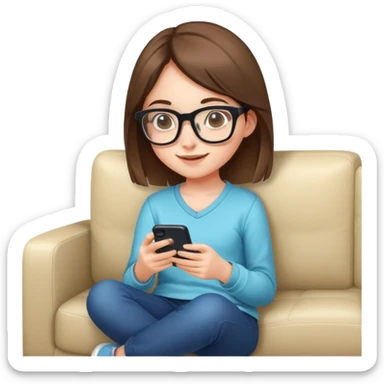 A cute young girl with glasses sitting on a couch, happily playing a mobile phone game sticker