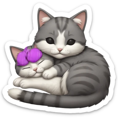 dark grey and white small cat with closed eyes, leaning his head on his paw while leaning on his elbow lying down sticker