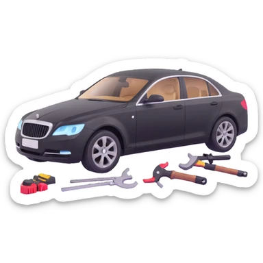 black luxury car with a clearly visible dent on the bodywork, specific PDR tools such as rods, levers, and small hammers positioned to show active repair, elegant and modern sticker