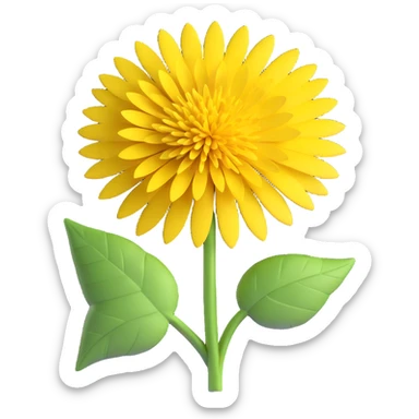 Create a 3D illustration of a dandelion in iOS Apple emoji style, featuring a voluminous yellow flower and a green leaf, on a transparent background. sticker