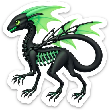 Obsidian-black and neon-glowing-green skeletal Meloetta-Salandit-Gorebyss-Salazzle-Pokémon-Fakémon-creature-fusion-hybrid sticker