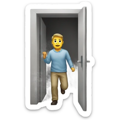 A man exiting through the exit door sticker