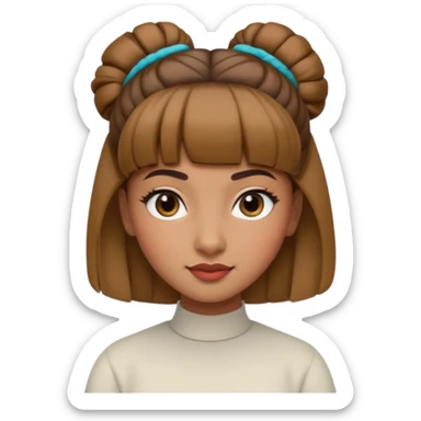 In Apple Memoji format, a girl with bangs and her hair in a bun. The girl has light brown skin and arab ethnic features sticker