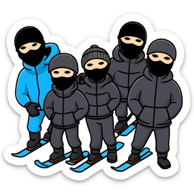 group of men posing together, some wearing black ski masks sticker