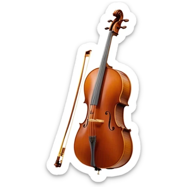 Create an elegant and refined emoji representing the Cremona cello with a Hans Klein HKCB bow. The design should feature the curved wooden body of the cello with a rich, glossy finish, capturing its classical shape and intricate details. The bow should be displayed with fine craftsmanship, highlighting the hair and the smooth, polished wooden stick. Include subtle musical notes floating around the instrument to emphasize its rich, melodic sound. Use deep wood tones like chestnut brown, gold accents for the fittings, and soft lighting effects to give the instrument a timeless, professional feel. The background should be transparent. sticker