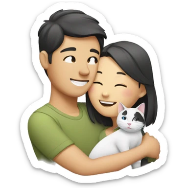 Asian Couple hugging each other with a cat sticker